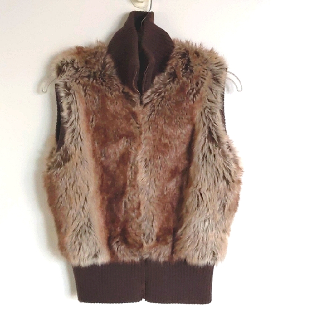 rave Brown Faux Fur Vest with Knit Trim
